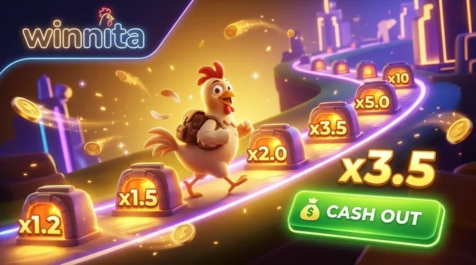 Chicken Road su Winnita: il personaggio attraversa una corsia con i moltiplicatori crescenti e il pulsante di cashout in evidenza
